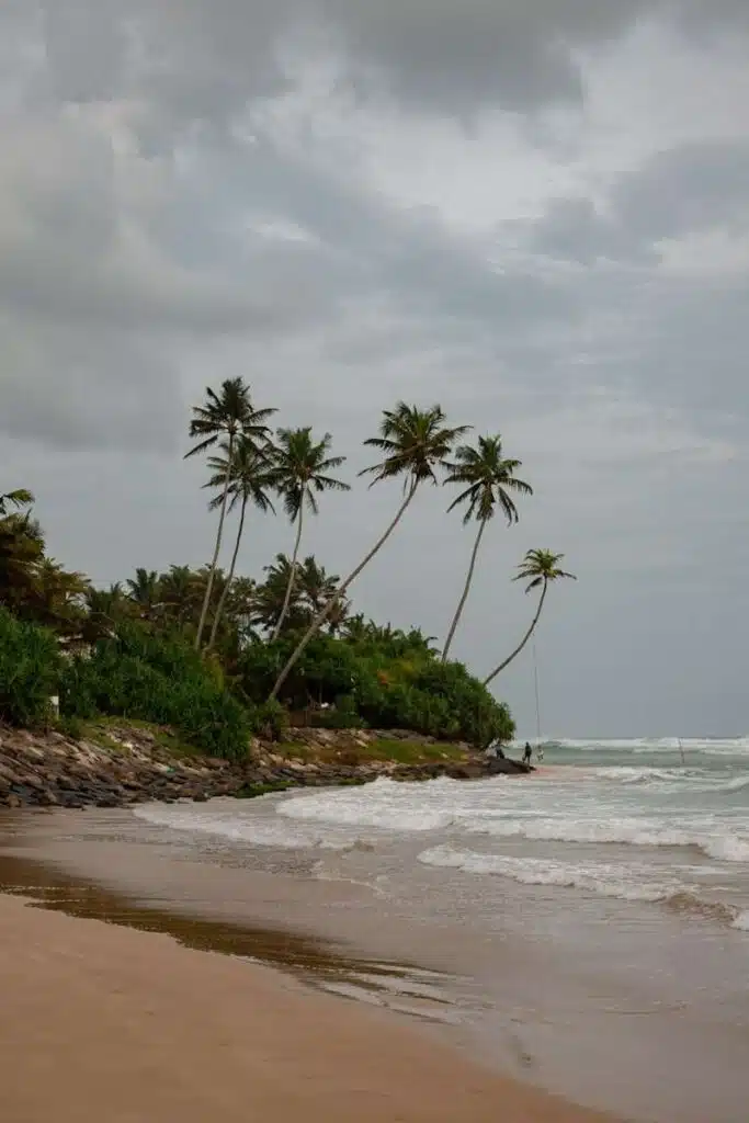 A cloudy sky above a tropical beach in Ahangama with waves washing onto the shore, leaning palm trees on a rocky coastline, and lush greenery in the background—perfect for discovering things to do in Ahangama.