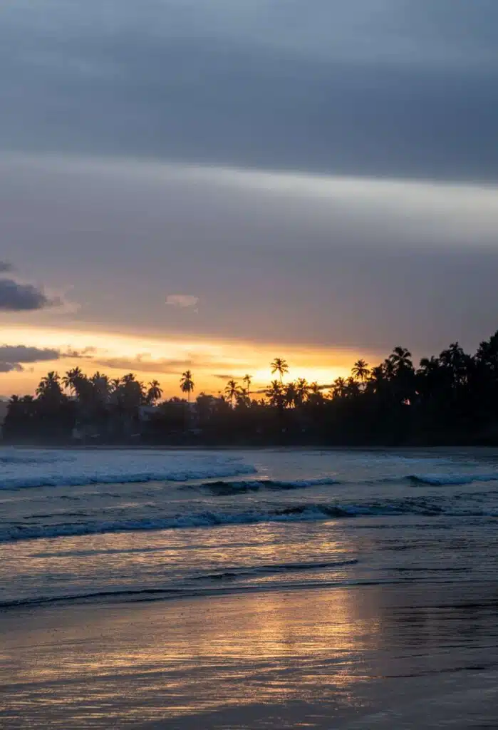 A serene beach at sunset with gentle waves, palm trees silhouetted against the colorful sky, and golden sunlight reflecting on wet sand—perfect for those seeking peaceful things to do in Hiriketiya.