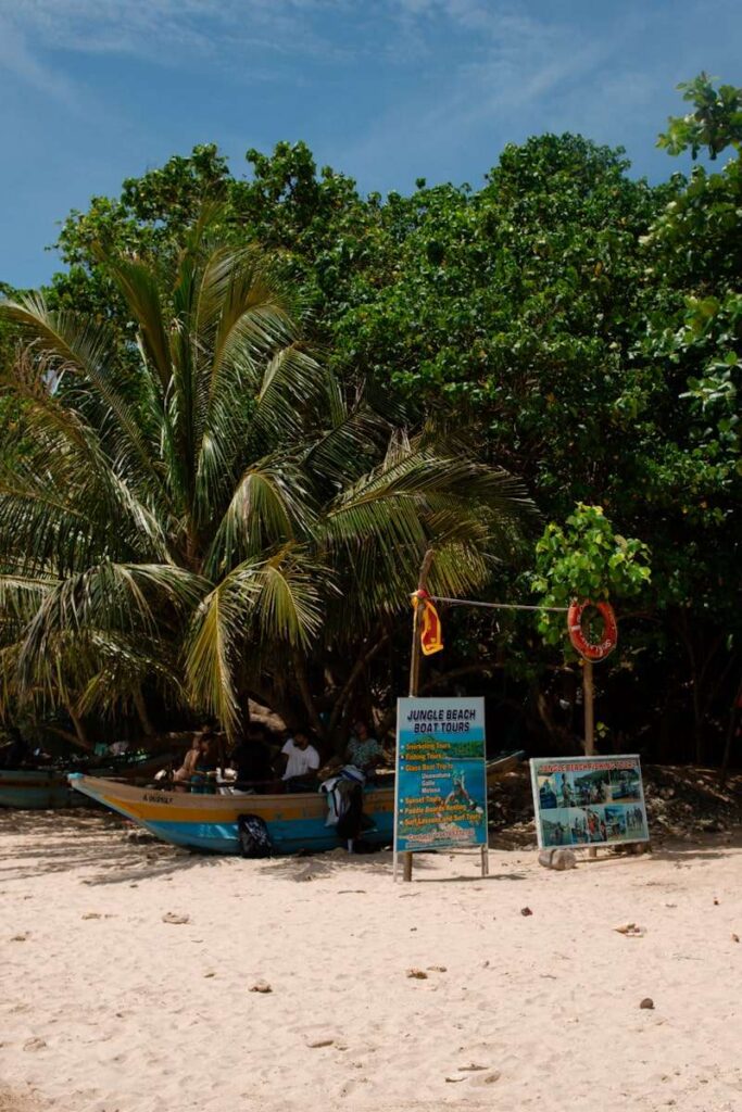 A sandy beach with lush green trees, a small boat under the shade, and two colorful signs advertising "Jungle Beach Boat Tours." A lifebuoy hangs nearbyโperfect for those seeking fun things to do in Ahangama under a sunny blue sky.