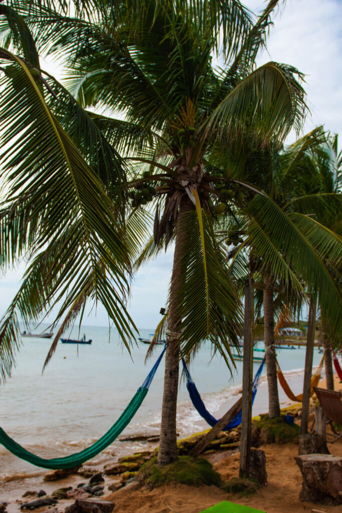 Palm trees with colorful hammocks tied between them line a sandy beach, overlooking calm ocean water and a distant boat under a cloudy sky—an idyllic stop on your 10-Day Nicaragua Itinerary.