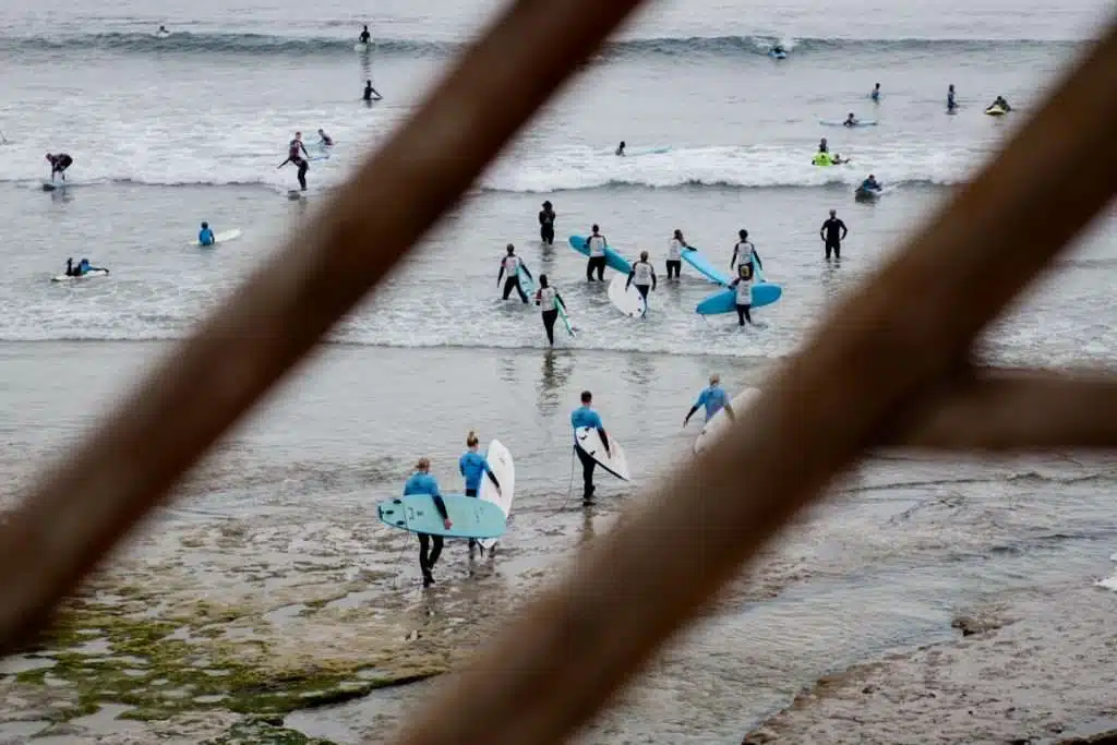 A group of surfers in wetsuits carrying surfboards walk toward the ocean in Ericeira, Portugal, one of the Best Things To Do In Ericeira. The scene is partially framed by blurred wooden branches in the foreground.