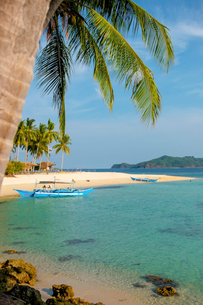 A tropical beach with clear turquoise water, a white sandy shore, palm trees, traditional blue outrigger boats, and a distant green island—perfect for your Philippines island-hopping itinerary under a brilliant blue sky.