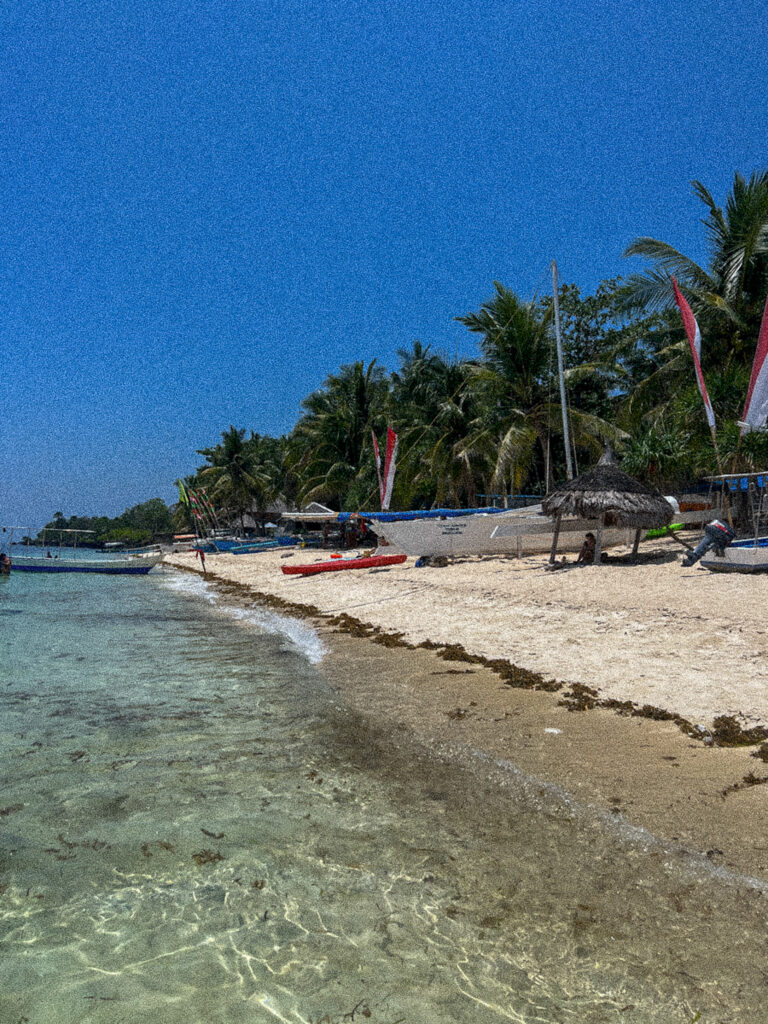 A sunny beach scene with clear turquoise water, white sand, palm trees, small boats, kayaks, and people relaxing under thatched umbrellas—one of the must-see places to visit in Siquijor. Red and white flags dot the inviting shoreline.