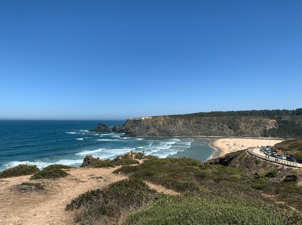 A scenic view of a sandy beach in Sagres bordered by cliffs and green vegetation, with waves crashing onto the shore under a clear blue sky—a perfect spot to explore among the many things to do in Sagres. A winding path and parked cars are visible on the right.