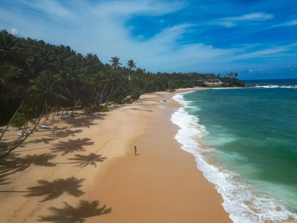 A lone person stands on a wide, sandy beach in Sri Lanka, bordered by turquoise waves and lush palm trees under a bright blue sky with wispy clouds—inviting those wondering, "Is Sri Lanka safe for solo female travellers?.