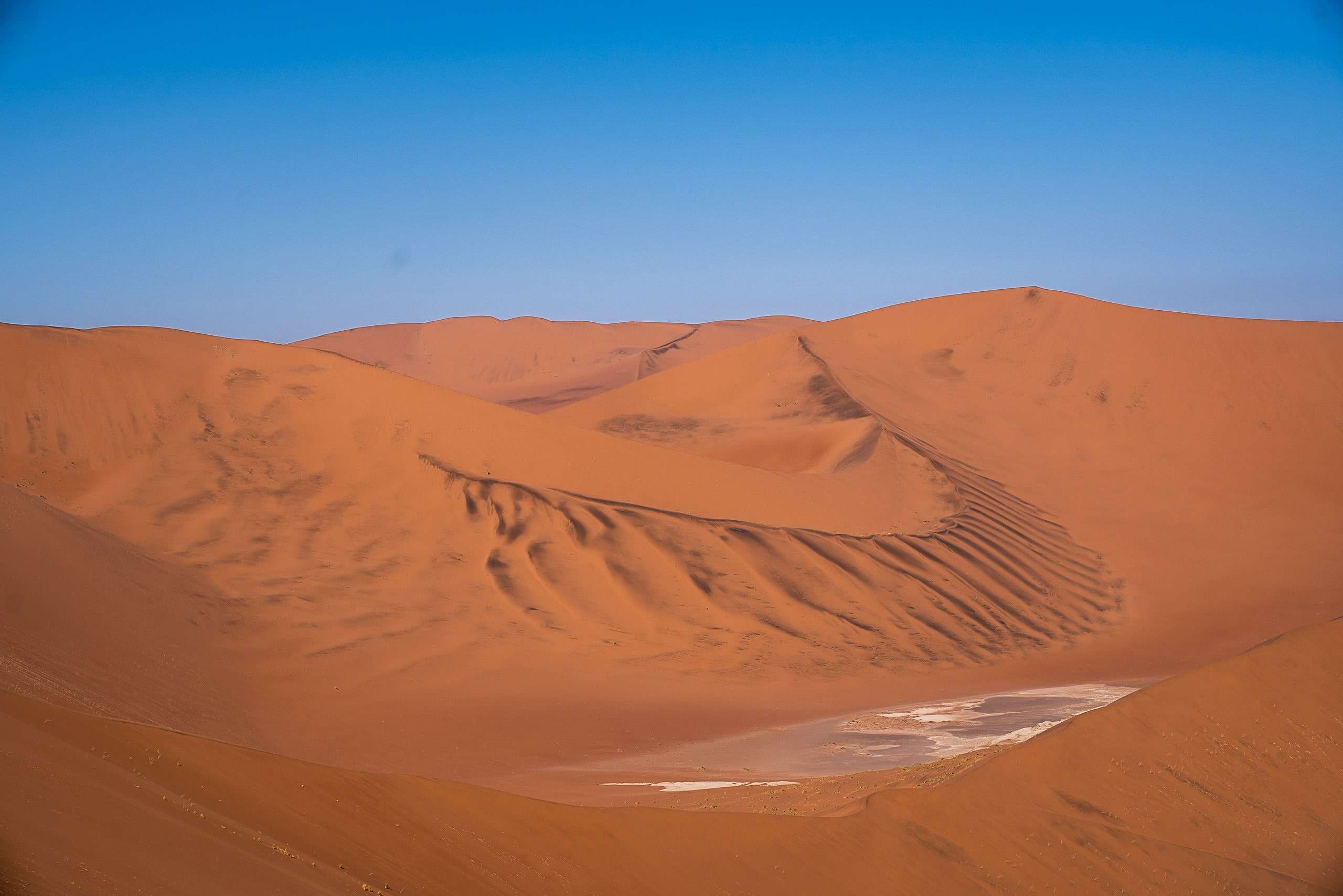 A vast Namibian desert landscape boasts towering orange sand dunes (Big Daddy Dune) under a clear blue sky. The dunes have smooth, flowing contours, with ripples and shadows adding texture. A patch of white, likely a salt flat, is visible in the valley between the dunes. Is Namibia worth visiting? Absolutely!