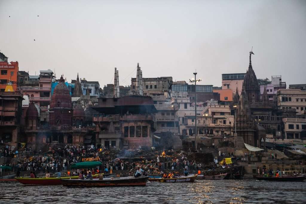 View of the ghats along the river Ganges in Varanasi