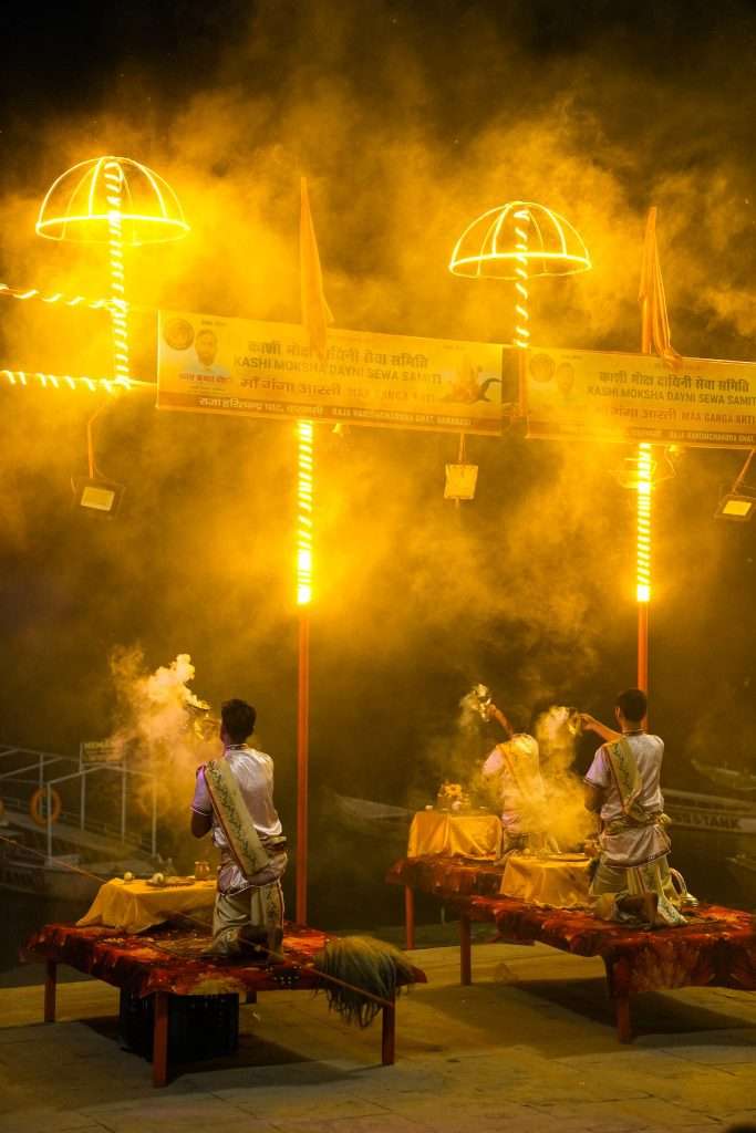 A night time Aarti ceremony on the river Ganges in Varanasi