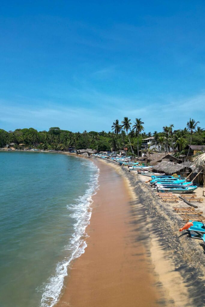A sandy beach with gentle waves, colorful fishing boats along the shore, palm trees, and lush greenery under a clear blue sky—perfect for exploring the many Things To Do In Arugam Bay.