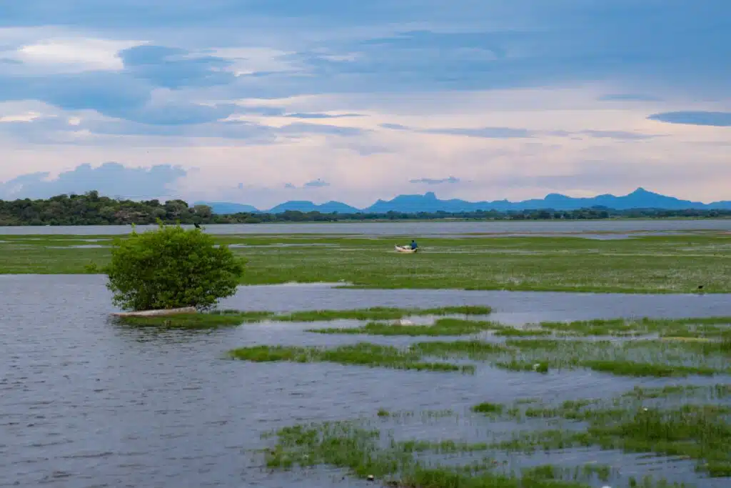 A serene landscape with shallow water, green grass patches, a small boat with people, and distant mountains under a blue and cloudy sunset sky—perfectly capturing the tranquil charm of Things To Do In Arugam Bay.