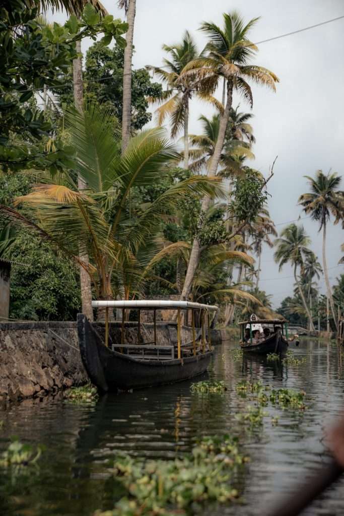 A serene canal in Allepey, Kerala, India lined with lush palm trees features traditional wooden boats resting by the stone embankment. The water is dotted with green vegetation, and the sky is overcast, creating a tranquil, tropical atmosphere—an idyllic scene that might leave you wondering: Is India safe for solo female travellers?