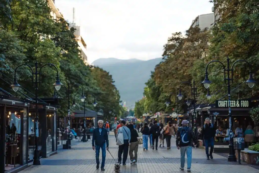 A bustling Vitosha Boulevard in Sofia, lined with shops and cafes. People stroll along the paved walkway, some walking dogs. Trees with lush green leaves flank the scene, and distant mountains are visible under a partly cloudy sky.