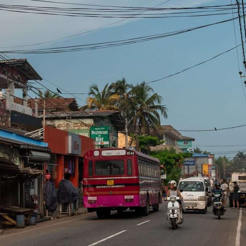 A bustling street scene captures a pink bus making its way from Colombo to Ahangama, weaving through motorcycles on a busy road flanked by vibrant shops and buildings. Overhead, tangled wires cross the cloudy sky while palm trees sway gently in the breeze.