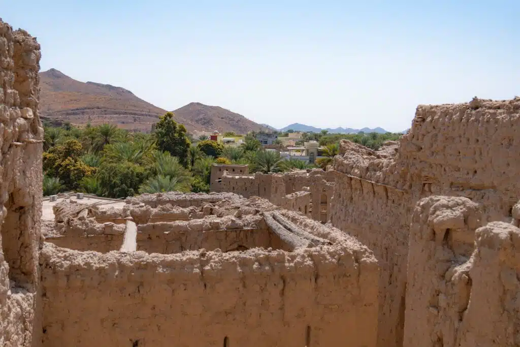 Ancient mud-brick ruins with partially standing walls overlook a lush green oasis and palm trees—an unforgettable sight to include on your 1-week Oman itinerary, with mountains rising in the background under a clear blue sky.