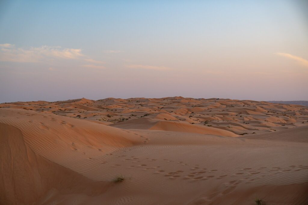 Expansive desert landscape with rolling sand dunes under a soft, pastel sky at sunset—an unforgettable scene to include in your 1-week Oman itinerary. Scattered small shrubs and footprints are visible in the sand.