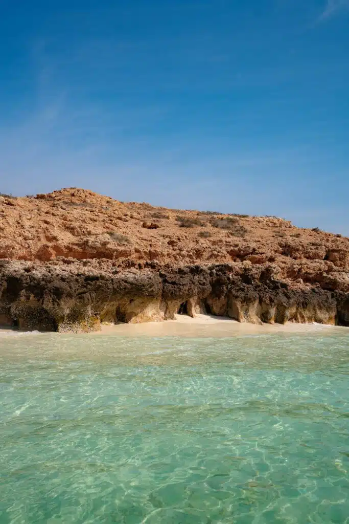 Clear turquoise water with gentle waves in the foreground, a rocky, reddish-brown cliff covered in sparse vegetation in the background, and a blue sky above—capturing the tranquil beauty of the Daymaniyat Islands.