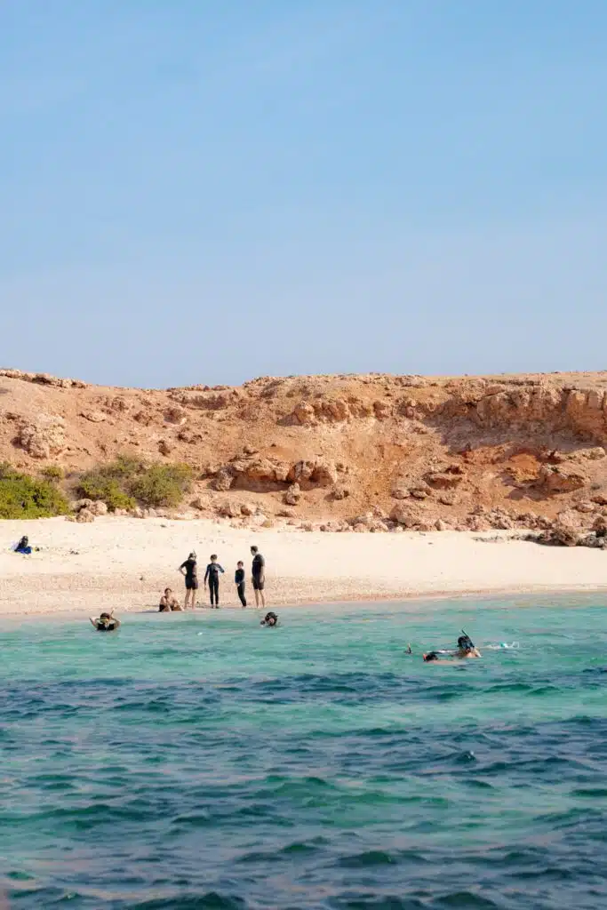 A group of people stand on a sandy beach near rocky cliffs on the Daymaniyat Islands, while several snorkelers swim in the clear turquoise water in the foreground under a blue sky.
