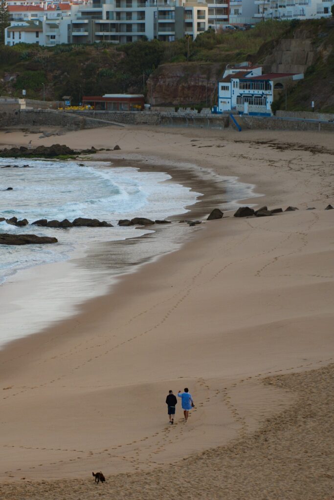 Two people walk along a sandy beach near the water's edge in Ericeira, leaving footprints behind. A dog strolls nearby as buildings and cliffs overlook the shorelineโa perfect scene for any digital nomad in Ericeira. The sky is overcast.