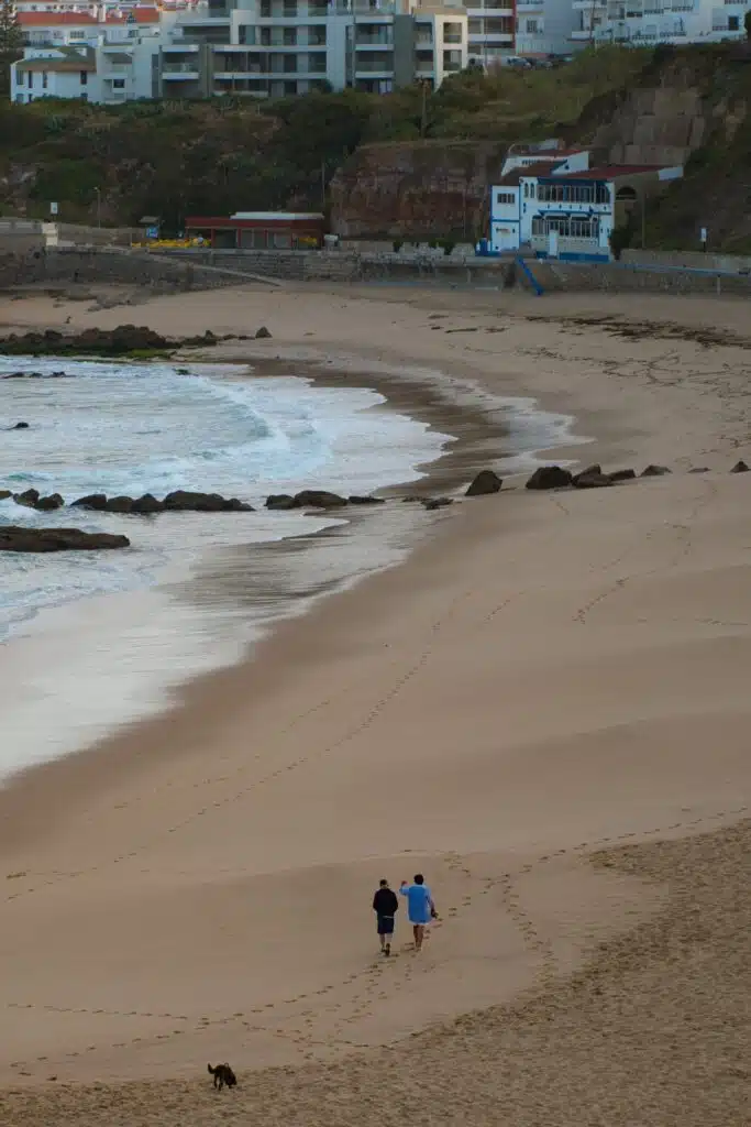 Two people walk along a sandy beach near the water's edge in Ericeira, leaving footprints behind. A dog strolls nearby as buildings and cliffs overlook the shoreline—a perfect scene for any digital nomad in Ericeira. The sky is overcast.