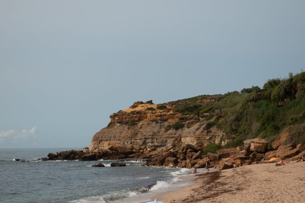 A sandy beach with scattered rocks leads to a rocky cliff covered in green vegetationโone of the Best Beaches in Ericeira. Gentle waves wash ashore under a clear sky, and a few people walk near the edge of the water.