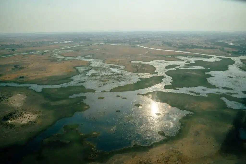 Aerial view of a wetland landscape with winding water channels, patches of green vegetation, and dry, brown land under a hazy sky—an inviting scene often encountered on African Overland Tours. Sunlight reflects off the water’s surface.