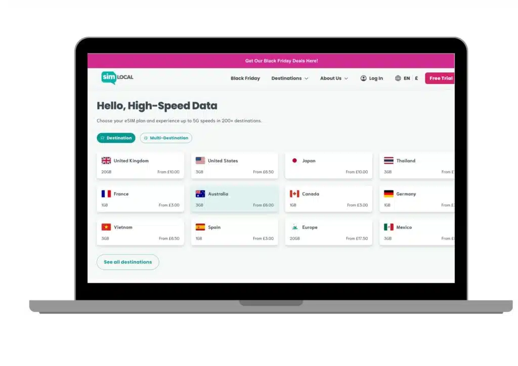 A laptop screen displays a webpage offering international mobile data plans for various countries, including the UK, France, Spain, and others—with flags, data options, prices listed for each country, and the Best eSIM for Africa featured.