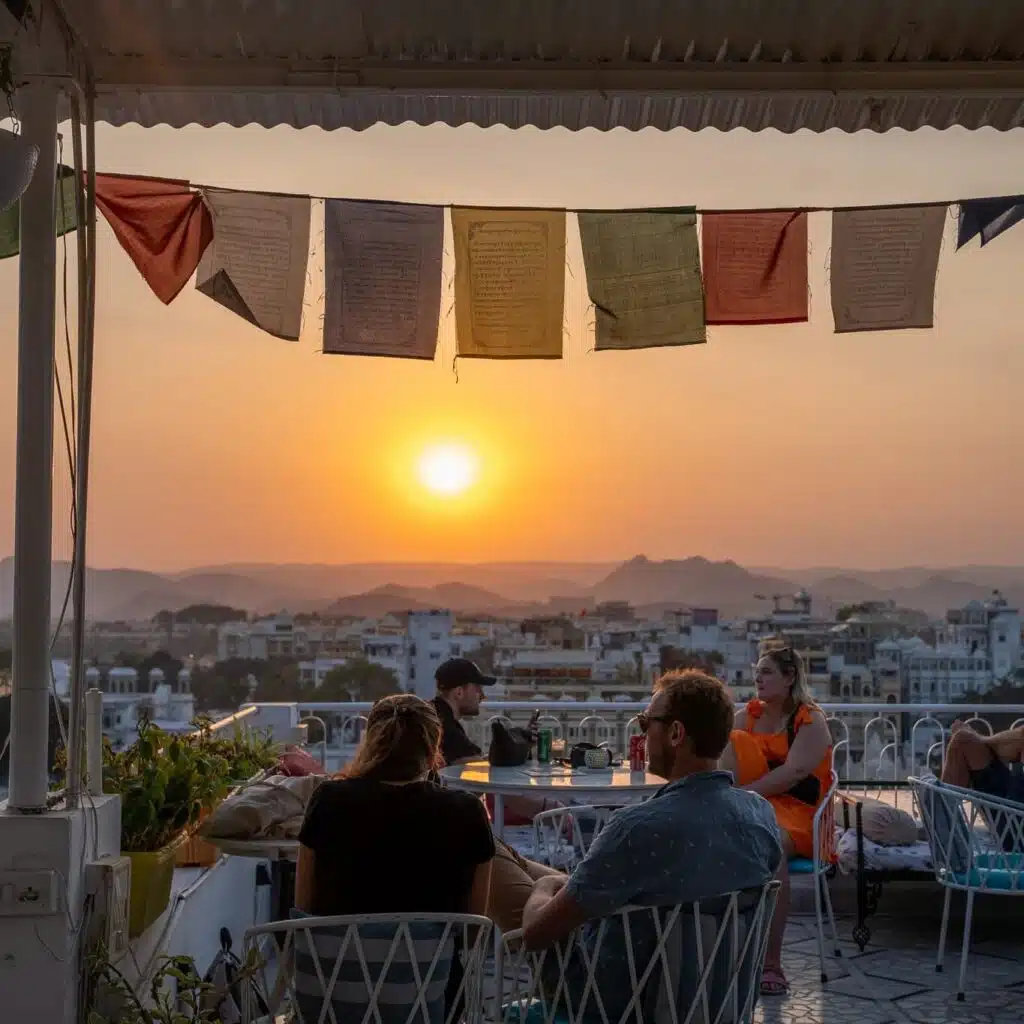 People relax at outdoor tables on a rooftop café at sunset, colorful prayer flags overhead, enjoying stunning views of the city and mountains—a perfect spot to pause during a 2-Week North India Itinerary.