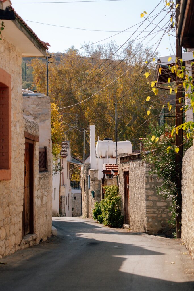 A narrow, sunlit street in a village near Limassol in winter, with stone houses, red-tiled roofs, and autumn trees in the background. Overhead wires cross above, and shadows fall on the quiet road.