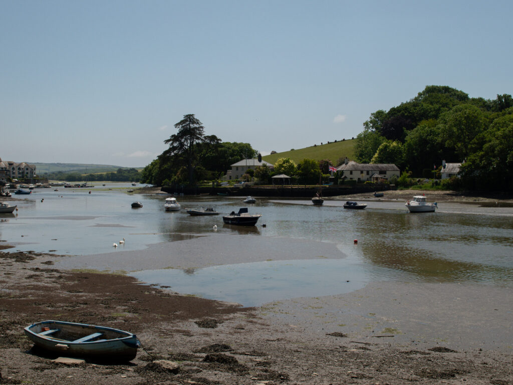 A calm riverside scene with small boats floating on the water and a blue rowboat on the muddy shore, where sim local life unfolds. Houses and green trees line the far bank under a clear blue sky.