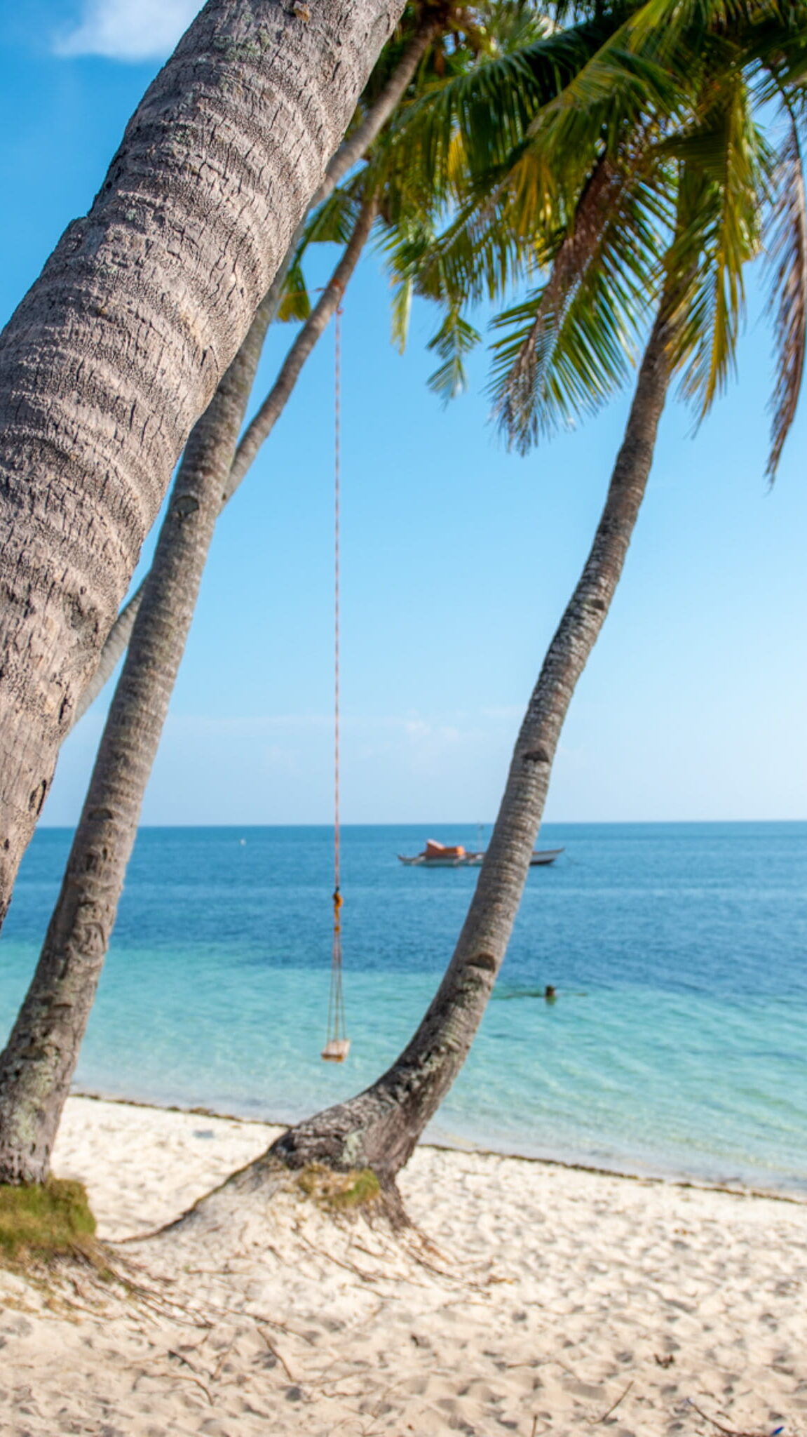 Sandy beach with leaning palm trees, a rope swing hanging from one tree, clear turquoise water, and a small boat floating on the calm sea under a bright blue sky—perfect for your Philippines island-hopping itinerary.